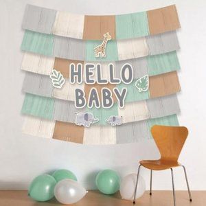 Soft Jungle Hello Baby Deluxe Backdrop Decorating Kit (5ft x 4.8ft”- 1 count)